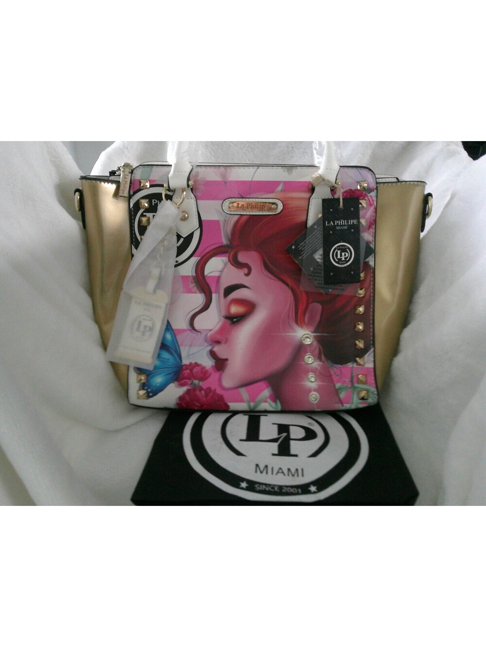 La Philipe Miami Gold and Pink Handbag Stud &Crystal Details